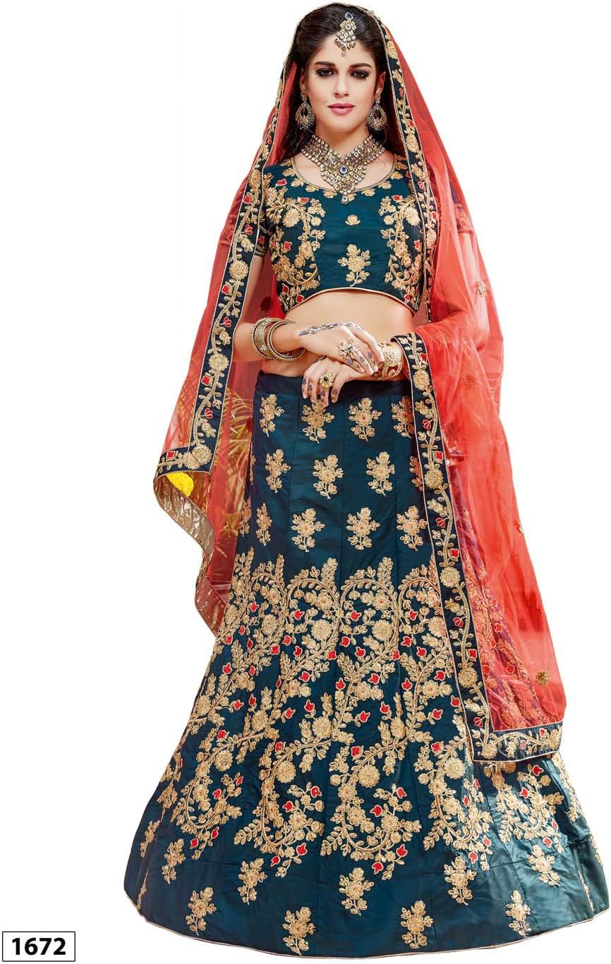 Ashika Women's Taffeta Silk Embroidered Lehenga Choli with Dupatta (Kanyadaan-1672, 2 Tone Teal Blue, Free Size)