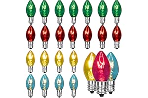 Pallerina 25 Pack C7 Christmas Lights Replacement Bulbs,Clear Multicolor Glass Incandescent Light Bulbs,C7/E12 Candelabra Base 5 Watt for Indoor Outdoor String Light,Tree, Christmas Lights