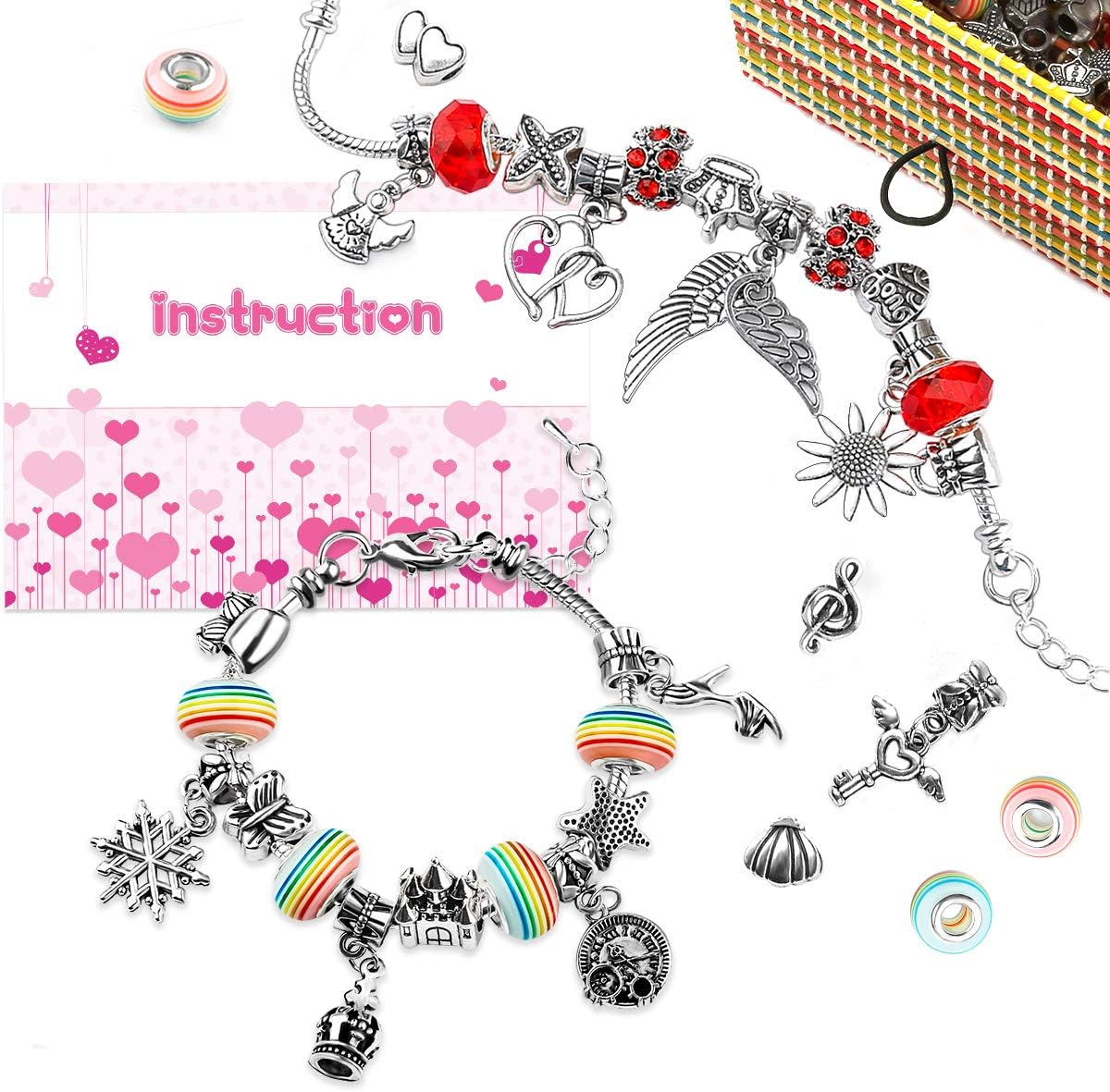 WinWonder Charm Bracelet Making Set,DIY Girls Jewellery Making Kits,Nice Gifts For Girls, Silver Plated Bead Snake Chain Jewelry Bracelet,16 Beads 3 Plated Silver Chains 35 PCS with 1 Gift Box