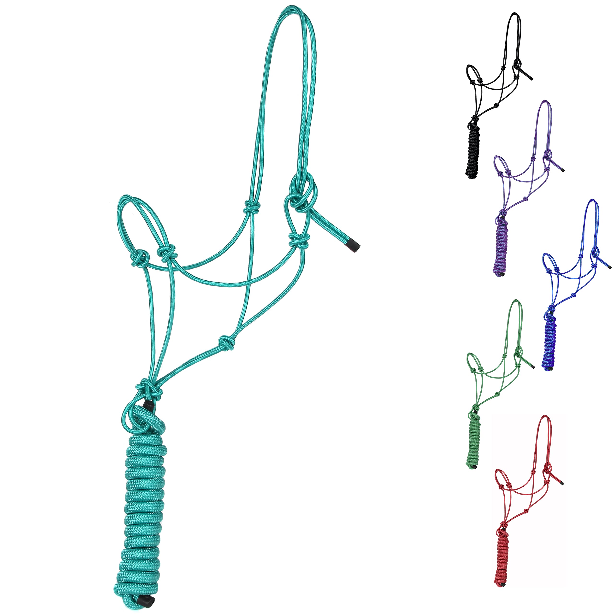 Majestic Ally 1/4" Rope 4 Knot Stiff Polyester Training Halter with 10’ Matching Lead Rope for Horses – Full (Turquoise, Full)