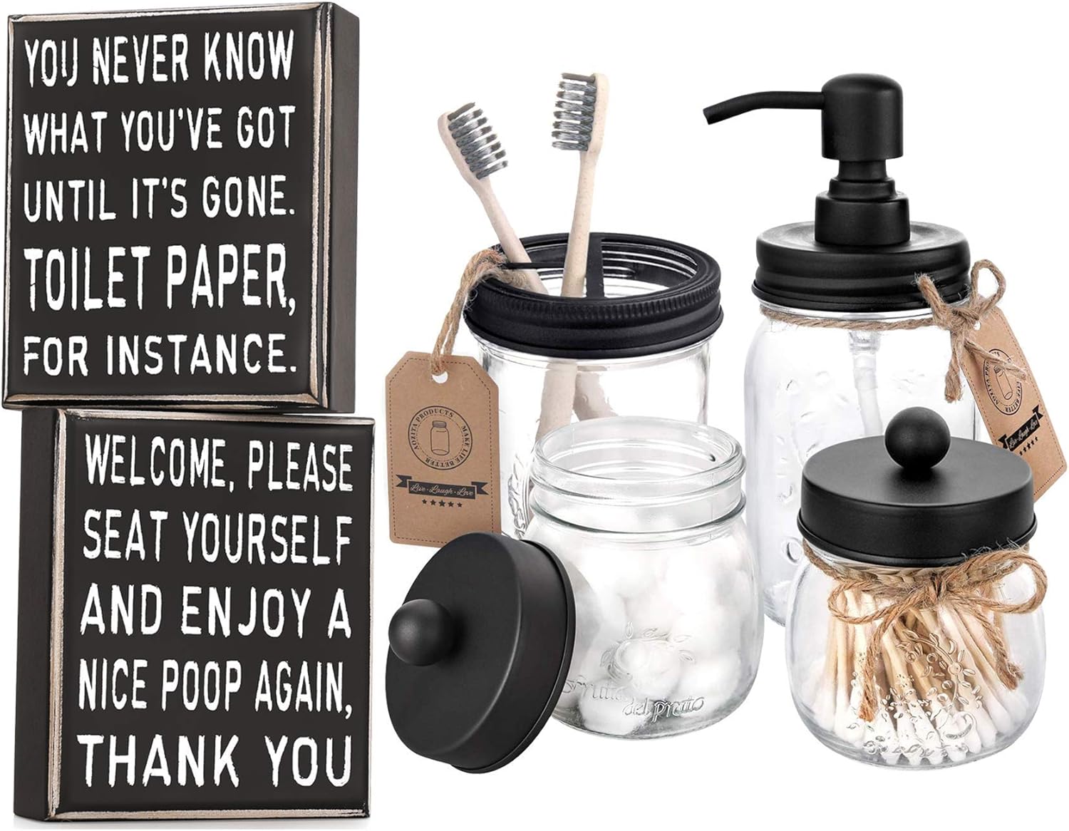 AOZITA 2 Sides, Home Bathroom Decor Classic Box Sign, 5 x 6-Inches + Mason Jar Bathroom Accessories Set 4 Pcs - Mason Jar Soap Dispenser & 2 Apothecary Jars & Toothbrush Holder