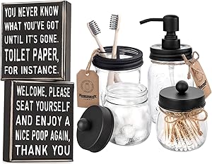 AOZITA 2 Sides, Home Bathroom Decor Classic Box Sign, 5 x 6-Inches + Mason Jar Bathroom Accessories Set 4 Pcs - Mason Jar Soap Dispenser & 2 Apothecary Jars & Toothbrush Holder