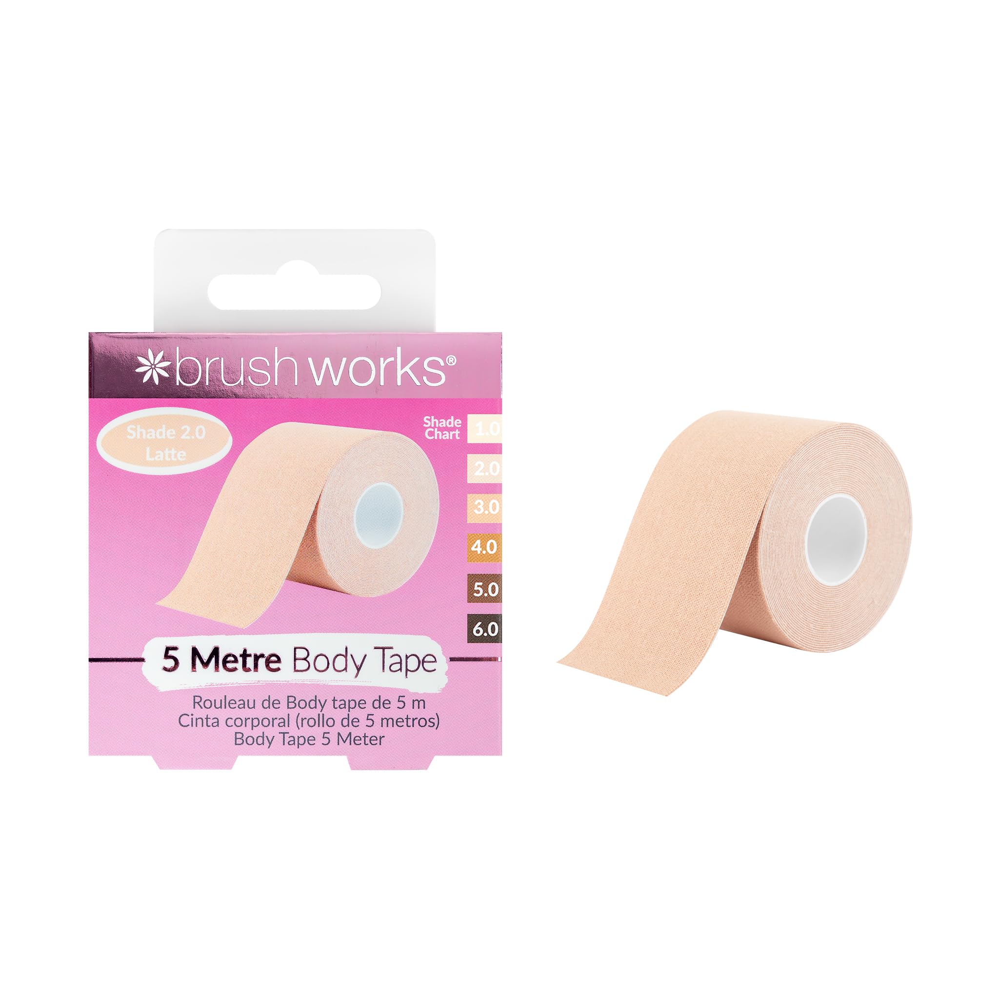 Brushworks Body Tape Shade 2.0 Latte - Nude Stretchy Body & Breast Lift Tape for Long-Lasting Support & Invisible Hold, 5m Roll, Comfortable & Skin-Friendly Bra Tape, Vegan & Cruelty-Free