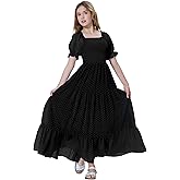 EXARUS Girls Smocked Dress Solid/Floral Teen Long Swiss Dots Maxi Tween Spring Casual A-line Flower Summer Dresses