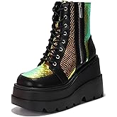 Cape Robbin Holographic Platform Ankle Boots for Women Chunky Block Heels Pointed Toe PU Leather with Buckle Strap Retro Futuristic Style (Radio)