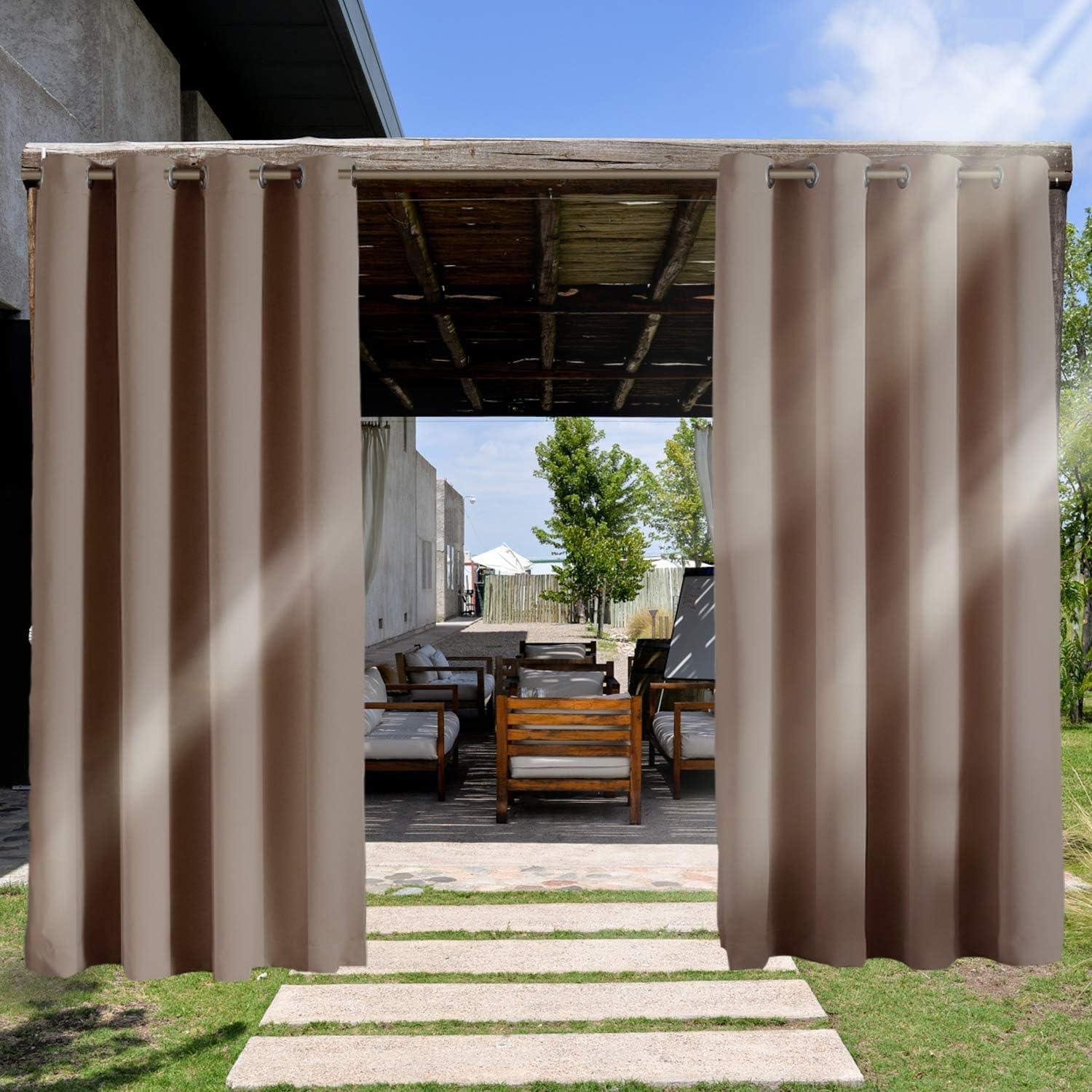 Outdoor Curtains - RHF 2 Panels Outdoor Curtains for Patio Waterproof, 96 Inches Thick Privacy Blackout Stainless Grommet Outside Curtains for Gazebo, Proch, Pergola, Cabana(Tan-52by96 2Pieces)