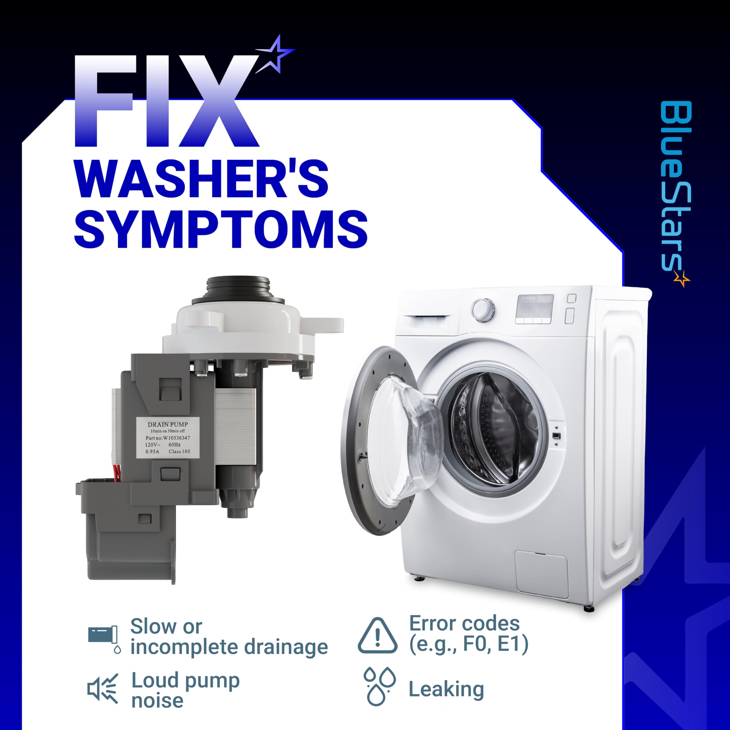 BlueStars W10276397 Washer Drain Pump for Whirlpool Kenmore Maytag Washing Machines - Replaces WPW10276397VP B40-3A 1874334 AP6018417 LP397 PS11751719