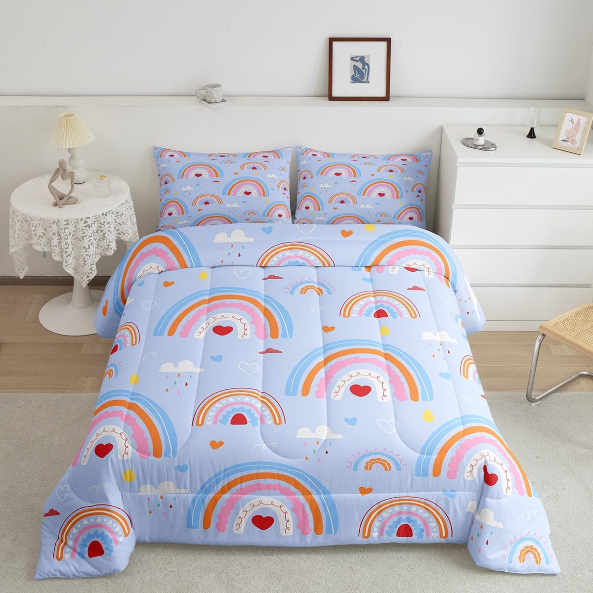 Kids Rainbow Comforter Set Single Size Cartoon Rainbow Comforter for Kids Toddler Cartoon Stars Cloud Pastel Bedding Set Love Heart Rainbow Duvet Set Durable Bed Set 2Pcs