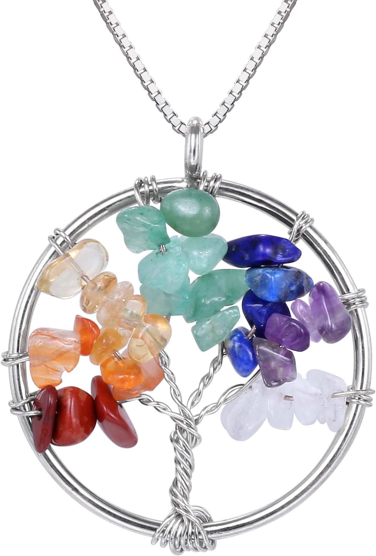 Tree of Life Wire Wrap 7 Chakra Nature Healing Crystal Pendant Necklace for Teens Girls Women