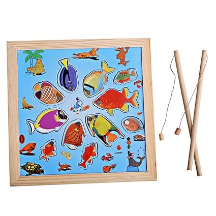 VIPECO Durable Kids Wood Magnetic Fishing Rod Fish Model Toy Set Fishing Interactive Game Material: Wooden