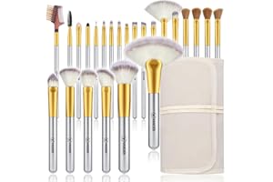 VANDER Makeup Brushes, 24Pcs Premium Synthetic Fiber&Wooden Handle Travel Makeup Brush Set, Foundation Powder Concealers Eye Shadows Blush Make up Brushes for Women, Girl, with Cosmetic Bag, Champagne