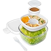 Bentgo Glass Salad Container - 7.6-Cup Salad Bowl with Airtight Lid, Leak-Proof Sauce Container, 4-Compartment Bento Tray & Reusable Fork - BPA-Free for Meal Prep, Office & More (White)
