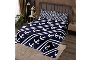 Manfei Anchor Bedspread Queen Size, Nautical Theme Anchor Rope Coverlet Set 3pcs, Rustic Farmhouse Style Navy Blue Quilted Co
