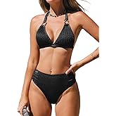 CUPSHE Women's Two Piece Bikini Sets V Neck Bathing Suits Textured Halter Side Shirred Back Hook Adjustable Straps