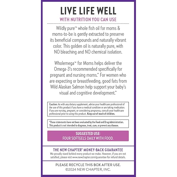 NEW CHAPTER WHOLEMEGA FOR MOMS FISH OIL SUPPLEMENT, TINY CAPSULES, 2000MG PER SERVING, PRENATAL DHA WITH OMEGA-3 + VITAMIN D3 FOR PRENATAL & POSTNATAL SUPPORT, 500MG EACH – 180 COUNT