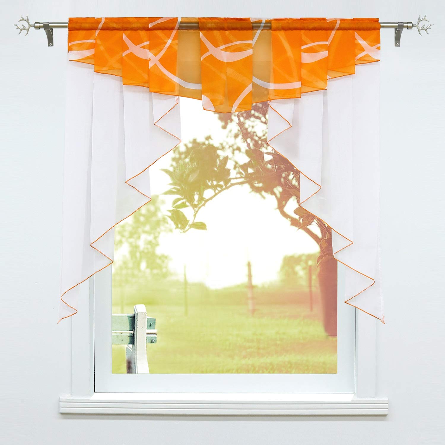 SCHOAL Net curtains kitchen bistro curtains voile transparent short curtains small window curtains with ruffle tape / drawstring 1 piece W x H 140 x 145 cm orange