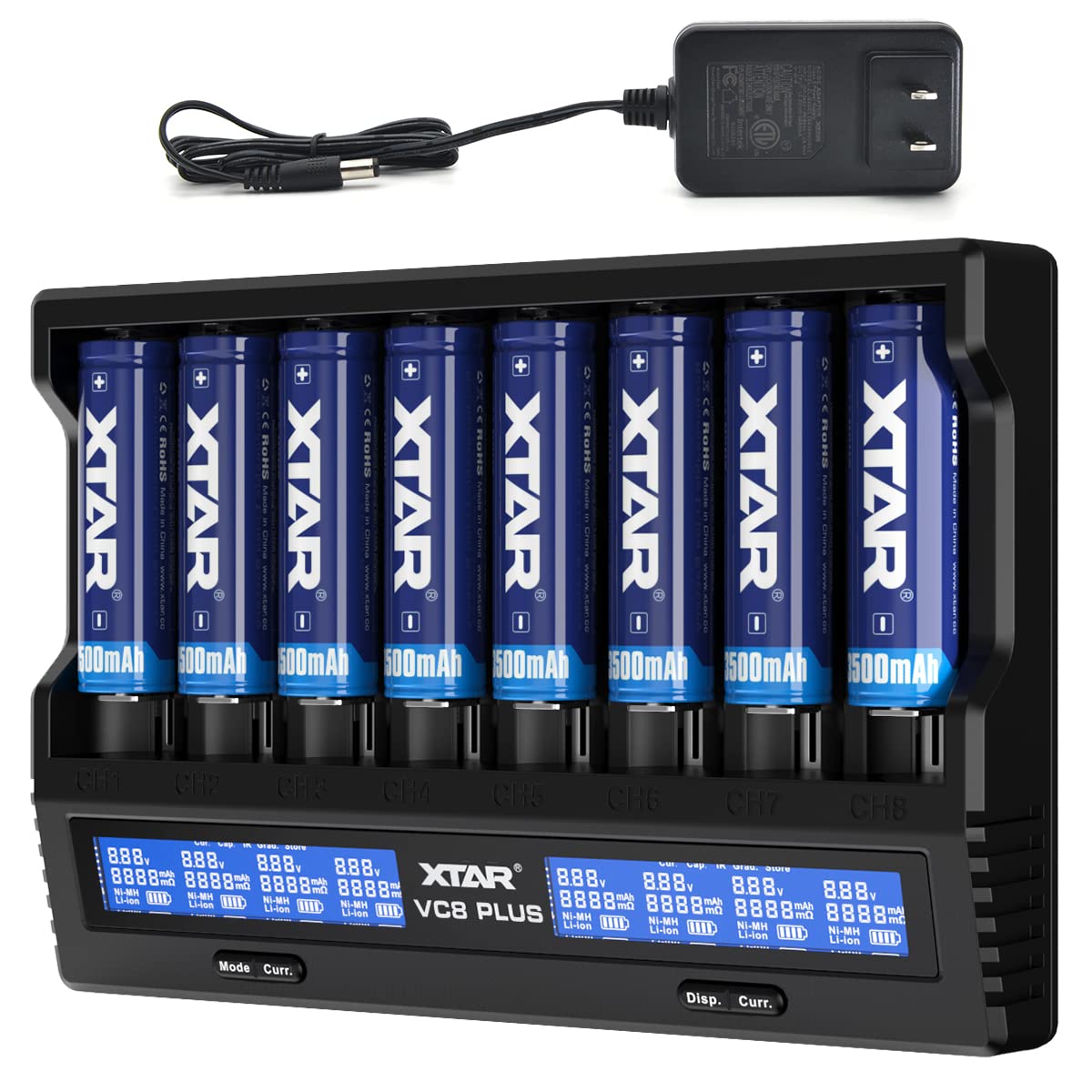 Photo 1 of XTAR VC8 Plus Fast LCD Display Rechargeable Battery Charger with DC36W Adapter max 3A 1 Slots/8 Slots 1A Fast Charge 10400 14500 18650 20700 21700 26650 or 1.2V Ni-MH Ni-Cd AA AAA