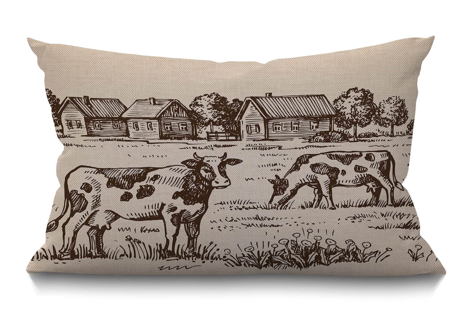 BGBDEIA Cushion Cover Cow Rustic Farm Animal Village Landscape House Countryside Nature Rectangular Throw Pillow Cover for Couch Sofa Home Decor Cotton Linen 12x20 Inch 30 x 50 cm