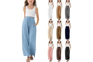 Palazzo Linen Pants Girls Flowy Cotton Gauze Wide Leg Baggy Pants High Drawstring Waisted Summer Beach Trousers Solid Bottoms