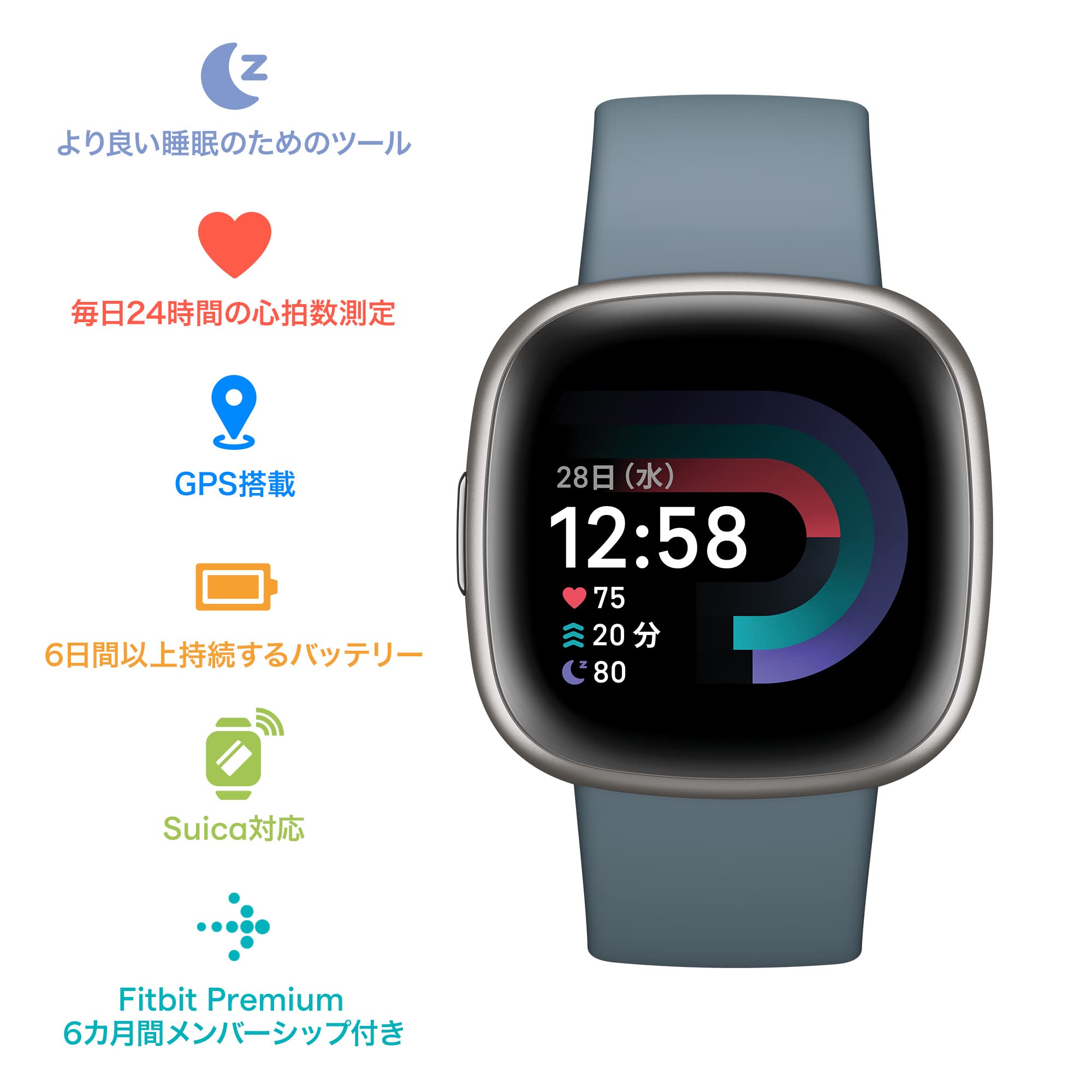 (Suica Compatible) Fitbit Versa 4 Smart Watch with Reminder Function, Waterfall Blue [6 Days Battery Life / Equipped with Alexa / GPS Compatible] FB523SRAG-FRCJK
