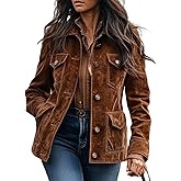 ZWRXW Suede Shacket Women Casual Vintage Western Jacket Lapel Collar Button Down Shirts Shackets Coat Slim Fit Outerwear