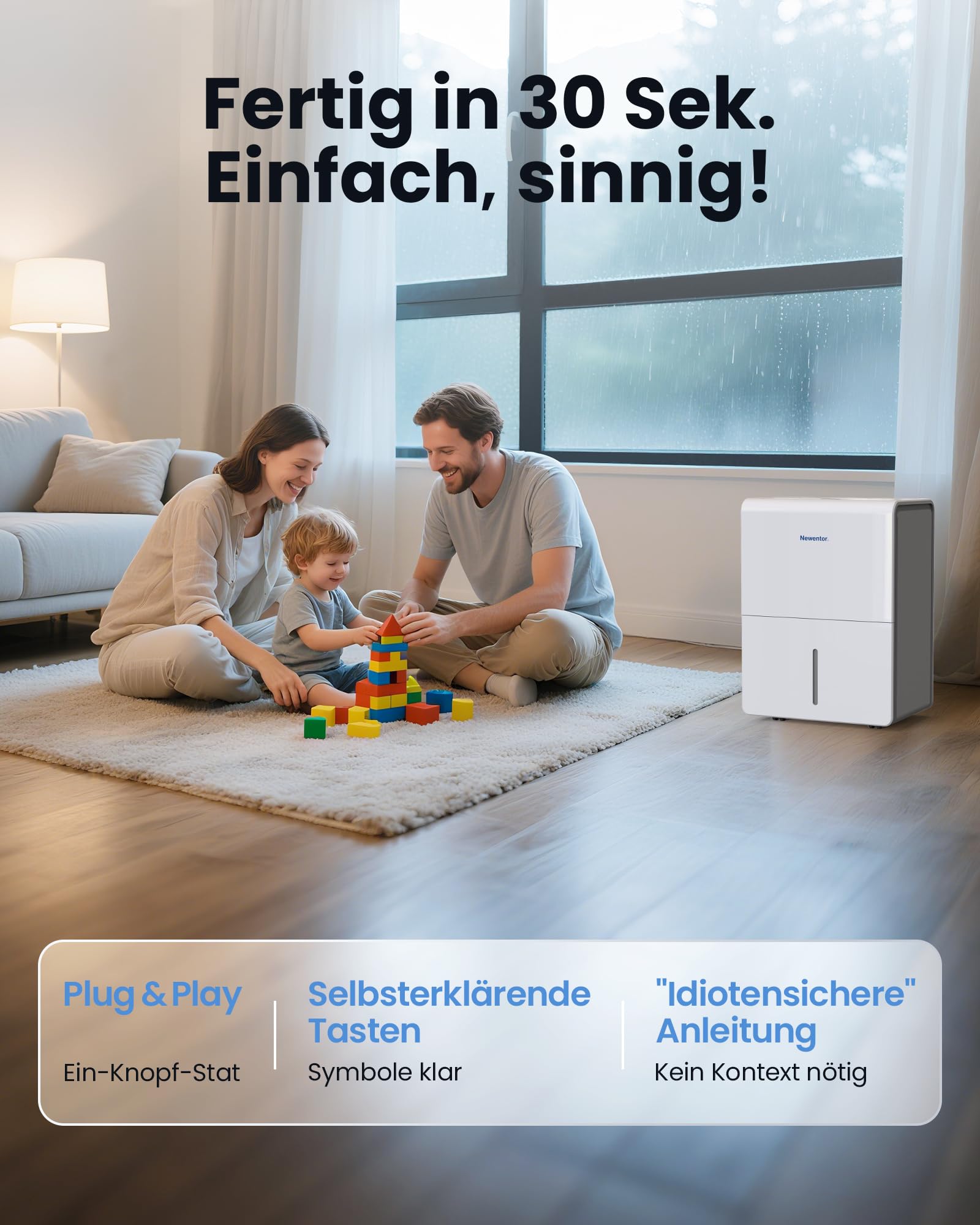 Newentor Luftentfeuchter 25L/24h, Für 215m³/80m² Räume - 3 fache Geräuschreduktion - Stromsparender Chip - Einfache Bedienung - 10 J. Gar. - Mit 1M Ablaufschlauch&Abnehmbarem Filter, Timer 6