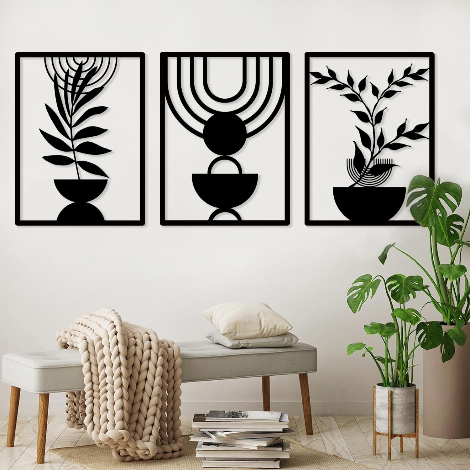 Pduoduo 3 Panels Boho Metal Wall Art,Abstract Minimalist Geometric Wall Art,Black Metal Wall Sculpture for Living Room, Bedroom(56 * 42cm)