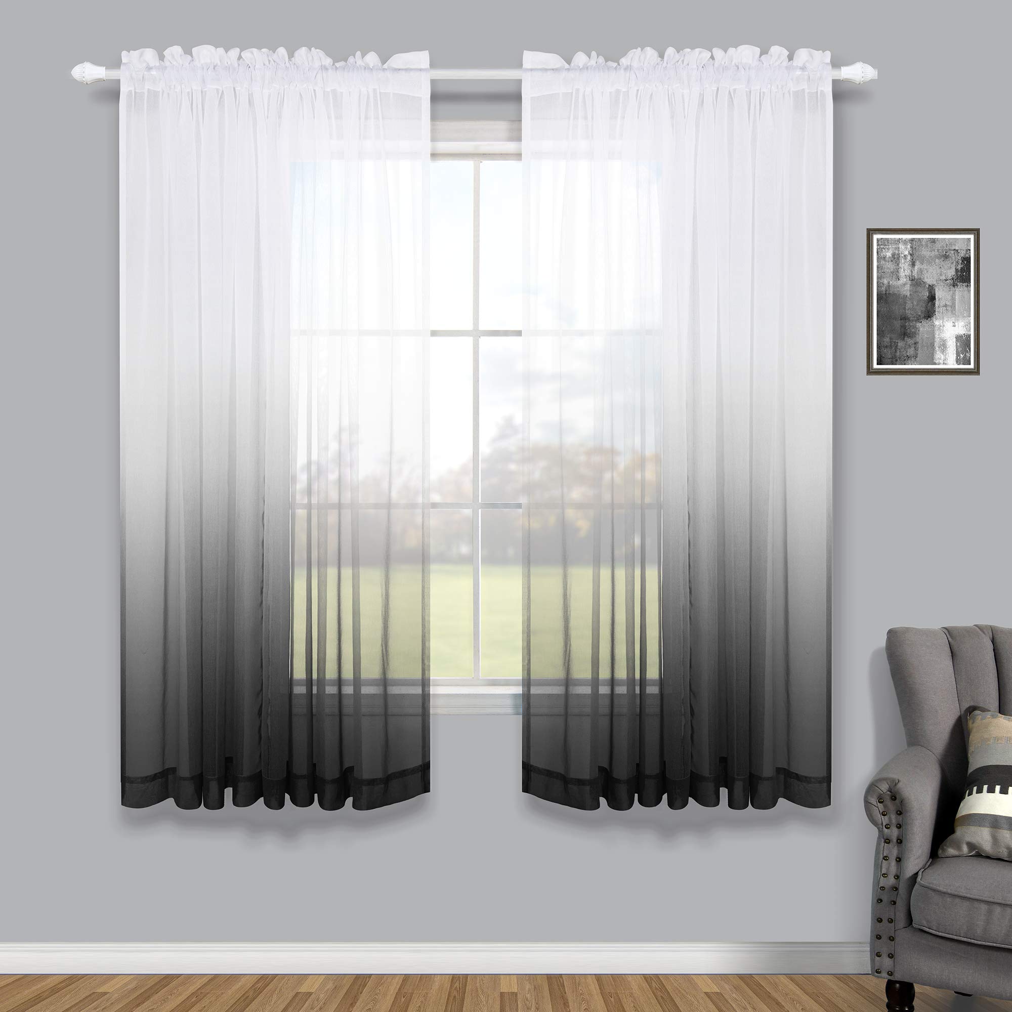 KOUFALL Black Living Room Curtains 63 Inch Length 2 Panels Set Rod Pocket Window Semi Sheer Drapes Ombre Patterned Design White and Black Pattern Curtains for Bedroom Kitchen Bathroom