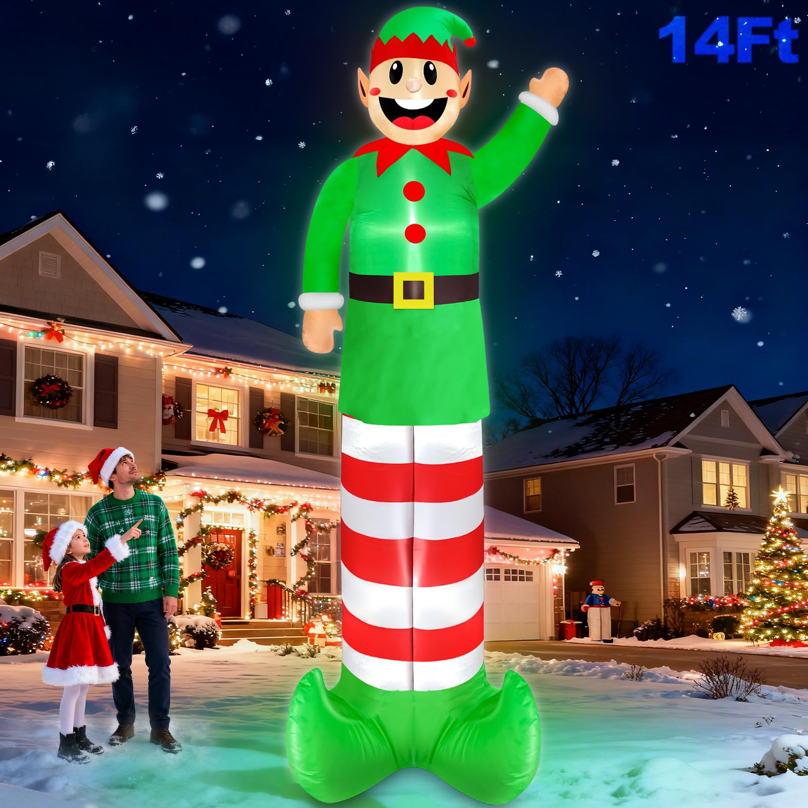 Photo 1 of 14 Ft by 5.2 Ft Super Tall Christmas Inflatable Elf, Christmas Inflatables Decorations Outdoor Blow Up Giant Santa Elf with Built-in LEDs Inflatable Christmas Decoration for Yard Outside Garden Lawn