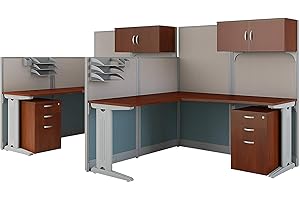Bush Business Furniture Office in an Hour 2 Person L Shaped Cubicle Desks with Storage, Drawers, and Organizers in Hansen Cherry | Double Workstation Set with Privacy Panels for Commercial Workspace