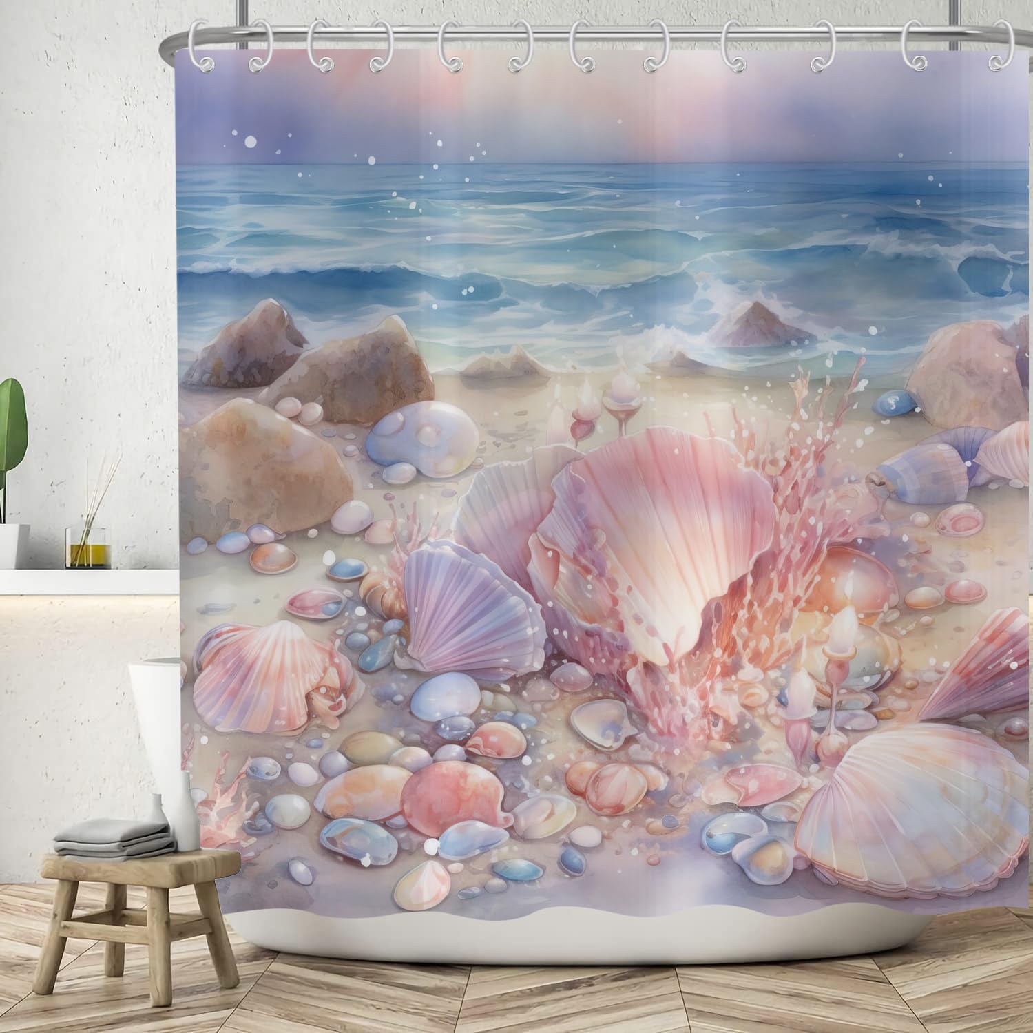 ASDCXZ Beach Shower Curtain 180x180 cm, Watercolor Romantic Rose Purple Bowl Sand Blue Sea Wave Bath Washable Shower Curtains Polyester Textile Waterproof Bath Curtain for Bathtub with 12 Hooks — image 1