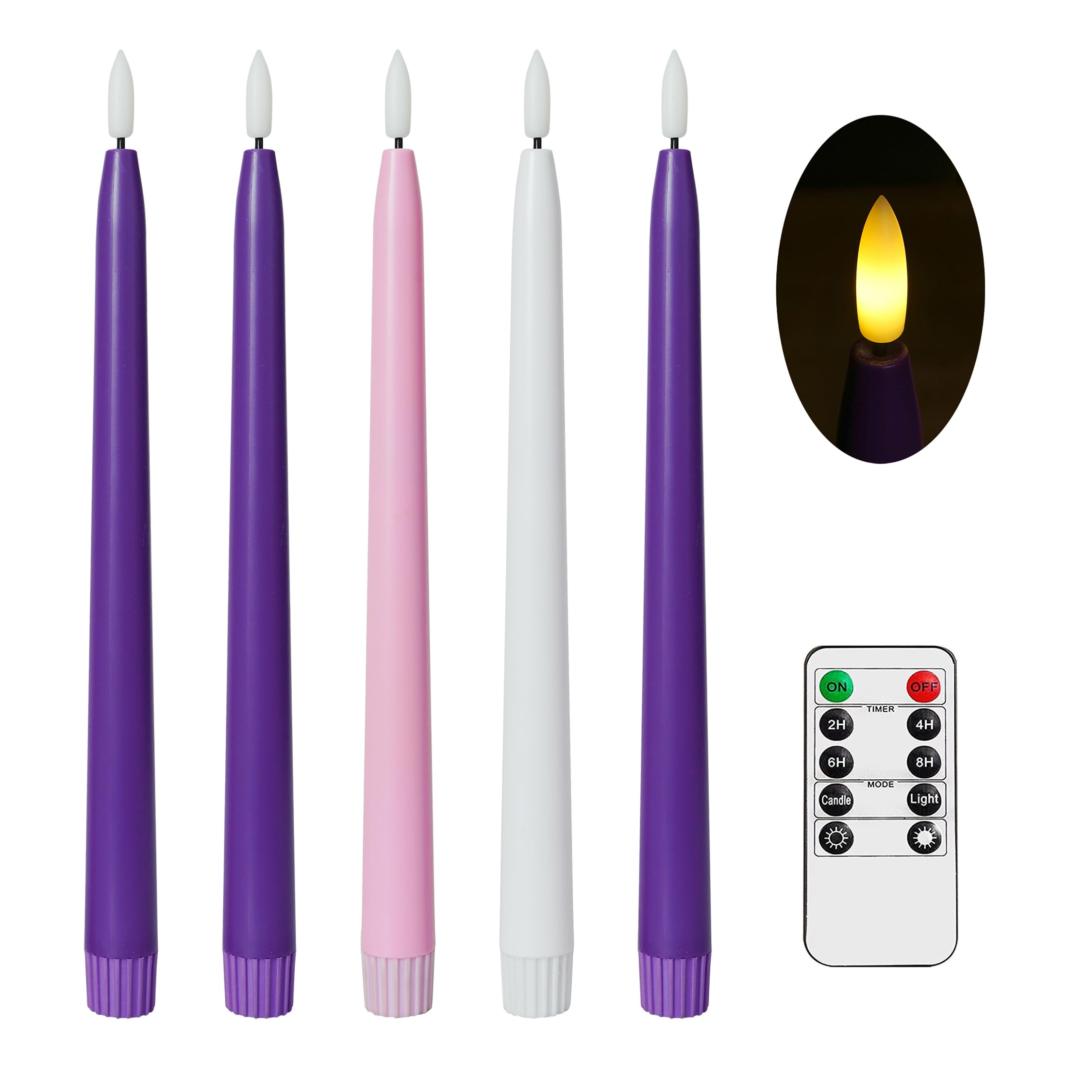 Photo 1 of Stmarry Flameless Advent Candles, Set of 5 - Flickering LED Flame, 11 Inch Taper Candlesticks, Remote Controlled - 3 Purple, 1 Pink, 1 White for Christmas Wreath