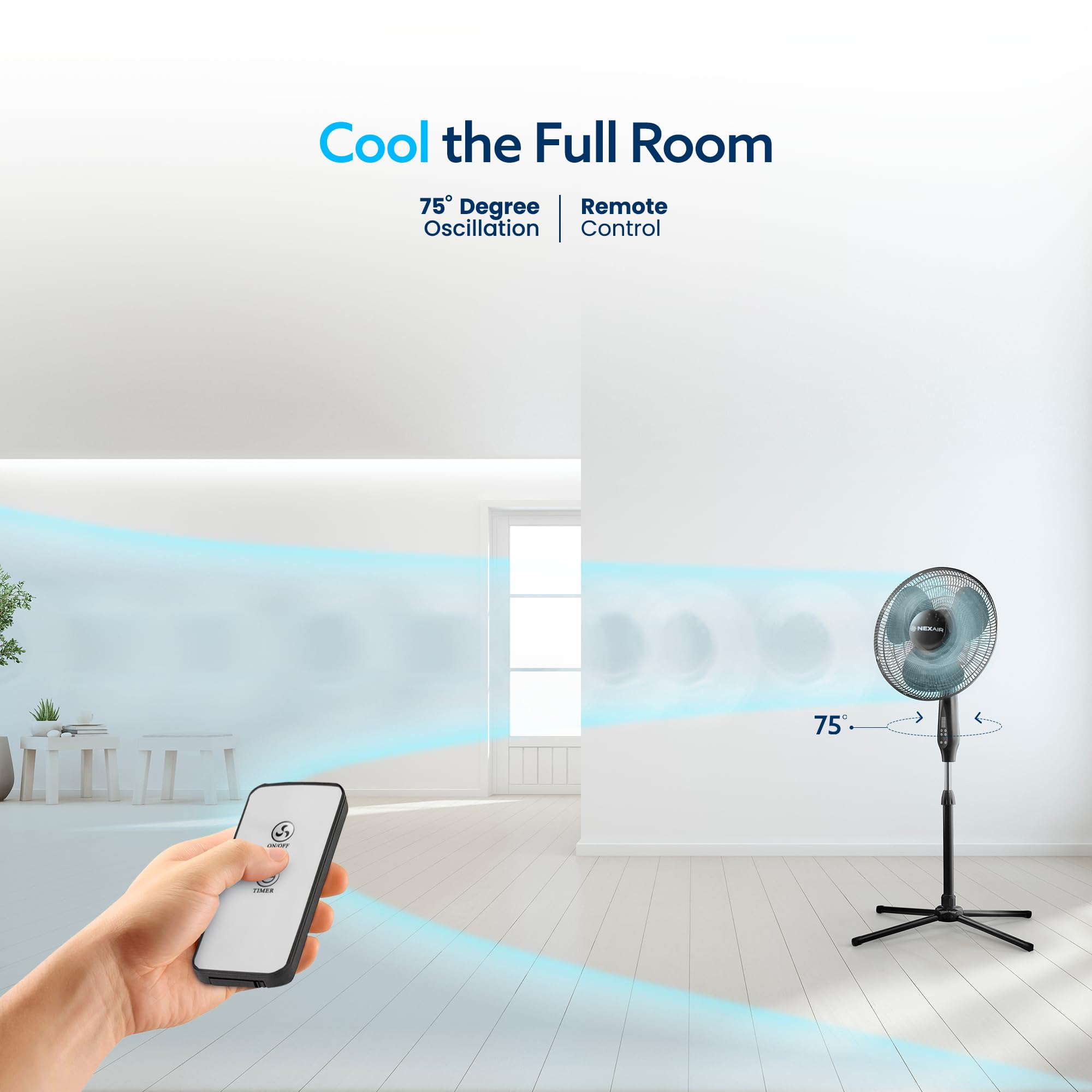 NEXAIR Oscillating 16 Inch Pedestal Stand Up Quiet Operating Room Fan With Remote Control, 3 Speed Stand for Bedroom, with Adjustable Height, Standing Fan Great For Office & Living Room