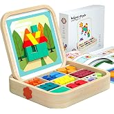 288 PCS Wooden Magnetic Pattern Blocks Set &ndash; Montessori Tangram Puzzle with Pattern Cards &amp; Storage Bag | Preschool Montessori Brain Teaser, STEM Gift for 4-8 Years Old