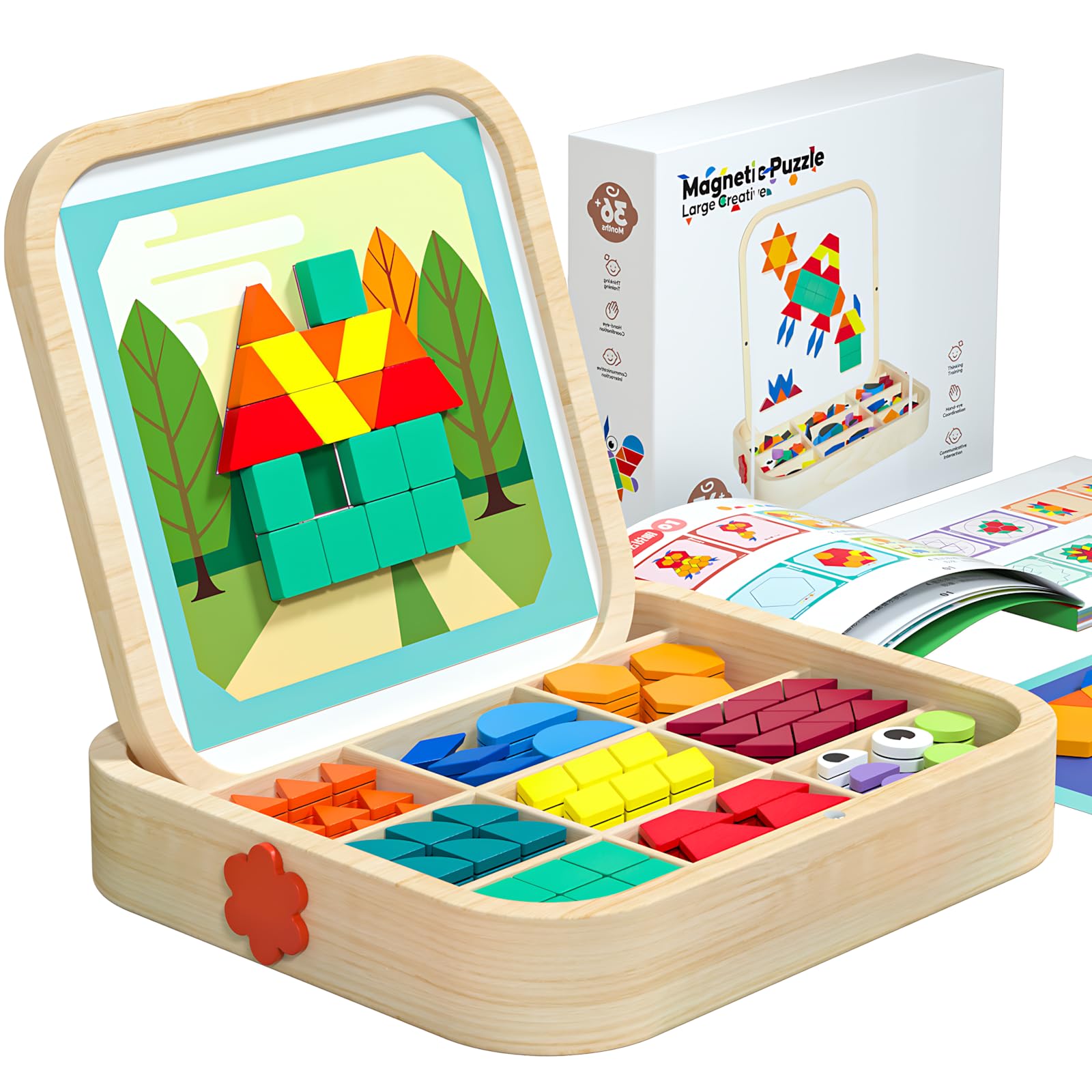 Photo 1 of 288 PCS Wooden Magnetic Pattern Blocks Set – Montessori Tangram Puzzle with Pattern Cards & Storage Bag | Preschool Montessori Brain Teaser, STEM Gift for 3-8 Years Old Toddler Kids