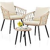 FHFO 3 Piece Outdoor Patio Bistro Set, Wicker Table and Chairs Set of 2, All-Weather Rattan Balcony Furniture Set for Patio Front Porch Apartment, Natural/Beige
