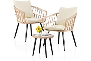 FHFO 3 Piece Outdoor Patio Bistro Set, Wicker Table and Chairs Set of 2, All-Weather Rattan Balcony Furniture Set for Patio Front Porch Apartment, Natural/Beige