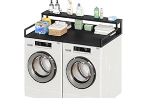 YATINEY Washer Dryer Countertop with 2-Tier Shelf, 54" x 27.6" Laundry Countertop, Wooden Washer Dryer Shelf, Laundry Room Organization and Storage with Edge Rails and Non-Slip Pads, Black LS04BB