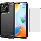 Asuwish Phone Case for Xiaomi Redmi 10C 4G/Poco C40 with Tempered Glass Screen Protector Cover and Cell Accessories Soft TPU Silicone Protective Redmi10C C10 10 C Women Men Carbon Fiber Navy Black