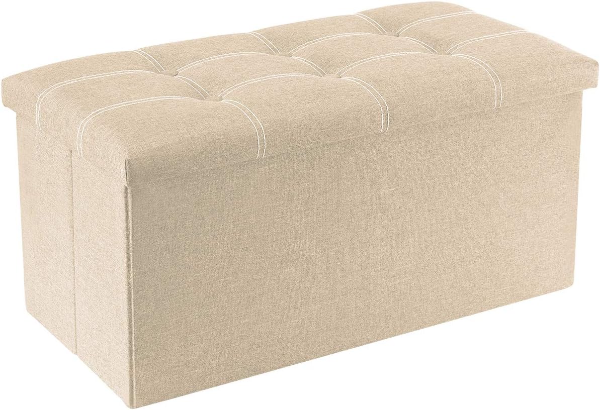 YOUDENOVA 30 inches Storage Ottoman Bench, Foldable Footrest Shoe Bench with 80L Storage Space, End of Bed Storage Seat, Support 350lbs, Linen Fabric Beige: Kitchen & Dining
