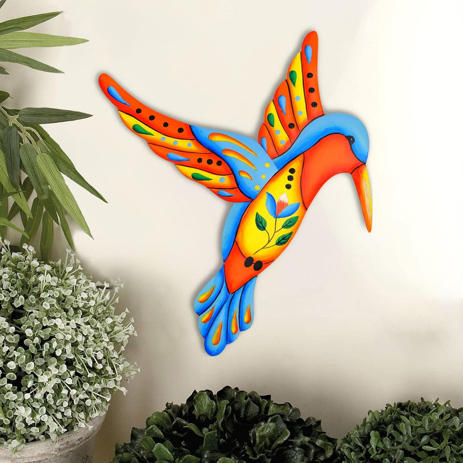 Plaques & Wall Art - SUNNYPARK Metal Hummingbird Outdoor Wall Art Decor, 16.5” Handcrafted Mexican Talavera Style Celestial Wall Sculptures Hanging for Indoor Outdoor Living Room, Garden, Patio, Yard, Fence Decoration