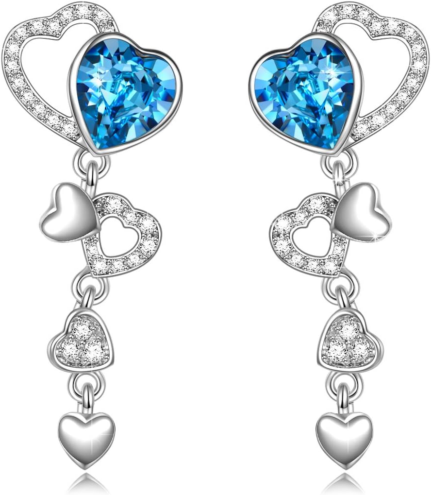 QIANSE Mothers Day Earrings Gifts Love Actually White Gold Plated Dangle Earrings with Blue Crystal, Swarovski Crystal Jewelry