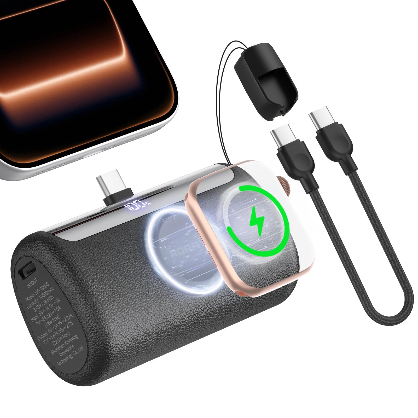 RORRY Mini Portable Charger USB C, 10000mAh PD 22.5W Fast Charging Small Power Bank, Travel Essential Battery Pack for iPhone 17/16/15 Series and Apple Watch Ultra/11/10/9/SE, iPad, Carbon