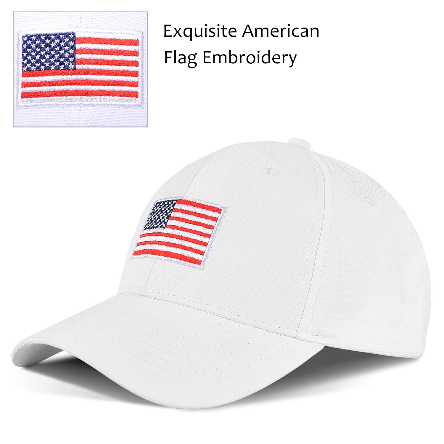 Tirrinia Unisex American Flag Embroidered Baseball Cap Adjustable Sports Golf Cap White
