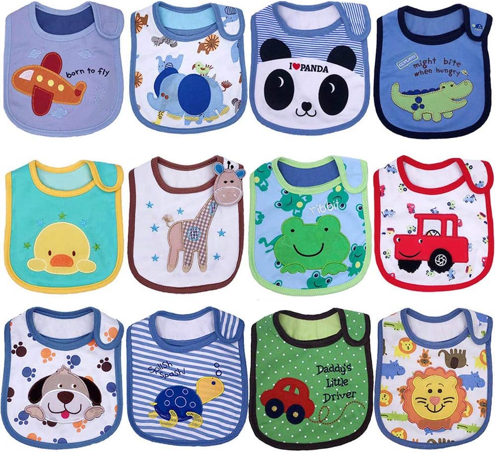 Yafane 12packs Baby Bibs Waterproof Layer Absorbent Bandana Drool Bibs Cotton for Boys Girls Infant Toddler 3-24 Months (Boy)