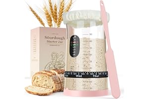 CINNIE&JHIN 34oz Pro Sourdough Starter Jar With Pink Silicone Lid & Spatula – Wide Mouth Large Glass Fermenters Jar with Feeding Tracker – Stylish Kitchen Essentials for Home Bakers & Pro Fermentation Kit