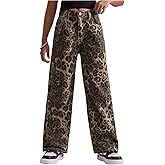 SweatyRocks Girl's Y2K Leopard Print Jeans Elastic High Waist Straight Leg Denim Pants with Pockets