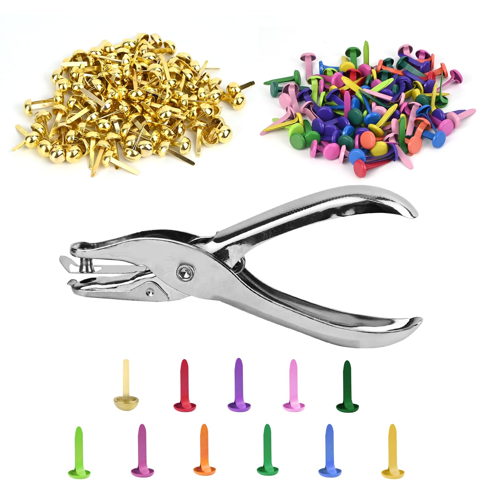 KATIMI 200 Pieces Split Pins, Round Split Pin with Hole Punch, Multicolor Paper Fasteners, Mini Golden Metal Brads for Office School Stamping Scrapbooking Paper DIY Crafts Projects