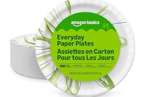 Amazon Basics Everyday Disposable Paper Plates, 8.62 Inch, Microwave-Safe, Cut Resistant, Soak-Proof, 100 Count, Packaging Ma