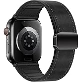 Qimela Magnetic Leather Strap Compatible with Apple Watch Band 38mm 40mm 41mm 42mm 44mm 45mm 46mm 49mm for Men Women,Top Grain Genuine Leather Wristband for iWatch Series 10 9 8 7 6 5 4 3 Ultra 2 1 SE